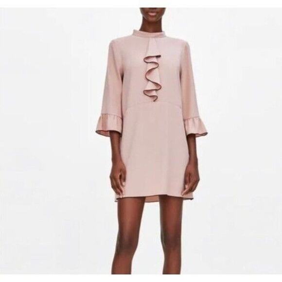 Zara Frill Ruffle Detailed Mini Dress High Neck 3/4 Ruffled Sleeve XS Pink #3987 - Picture 1 of 15